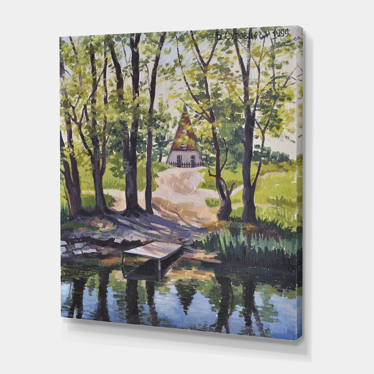 Designart - Mysterious House By The River In The Woods - Lake House Canvas Wall Art Print